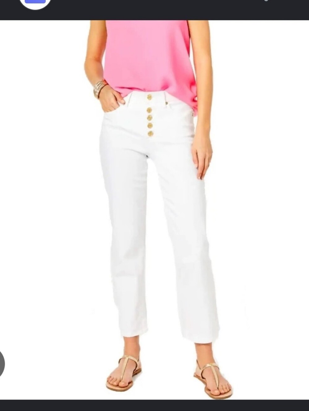 Lilly Pulitzer White High-Rise Straight Leg Jeans with Gold Buttons
